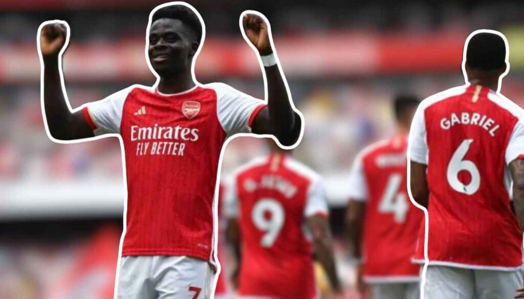 Arsenal's top goal scorer Bukayo Saka celebrates scoring at the Emirates.