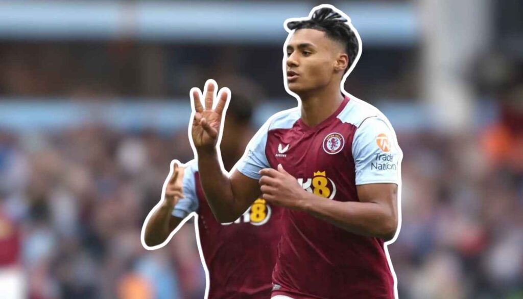 Ollie Watkins celebrates scoring a goal.