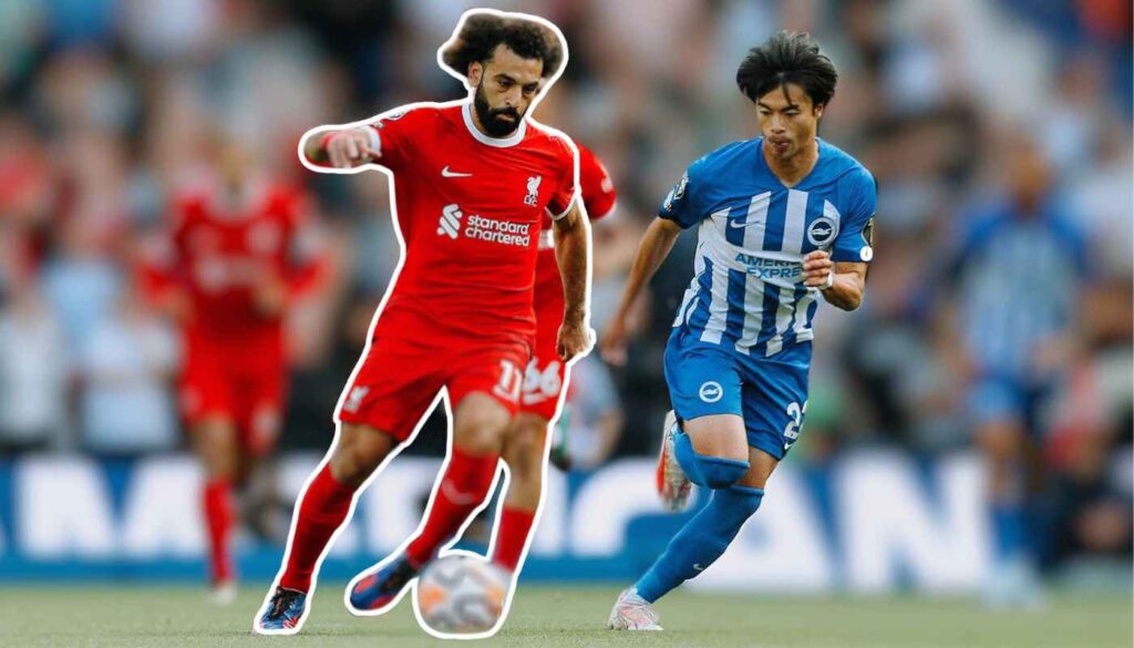 Mohamed Salah dribbling alongside Kaoru Mitoma.