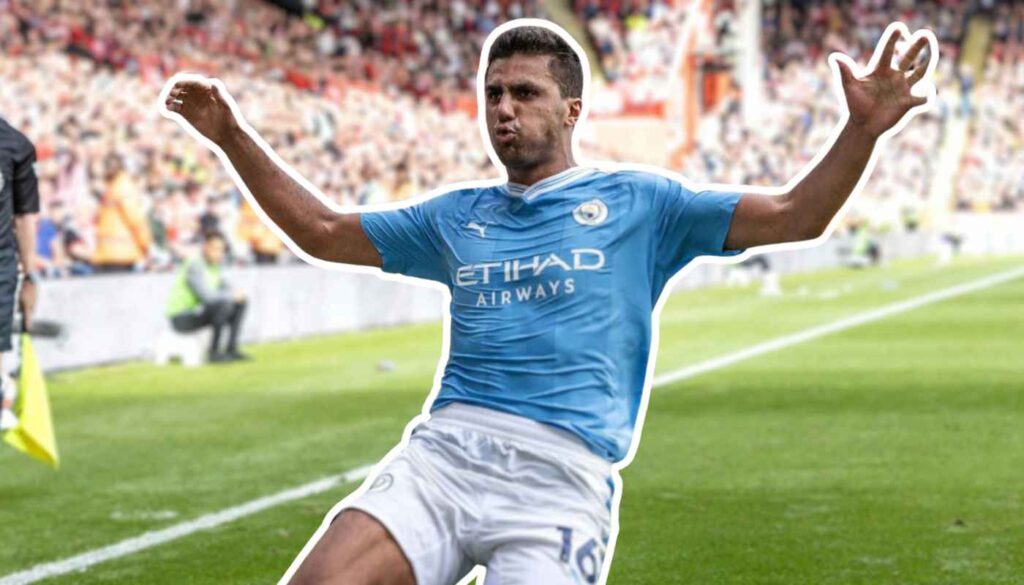 Rodri celebrating after scoring against Sheffield United.