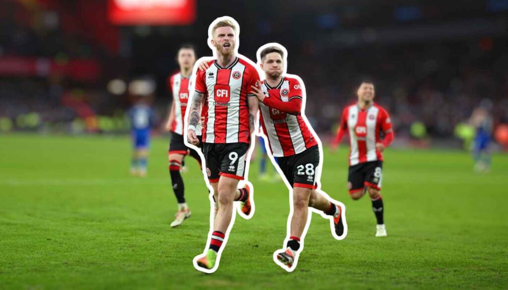 Oli McBurnie celebrates scoring for Sheffield United.