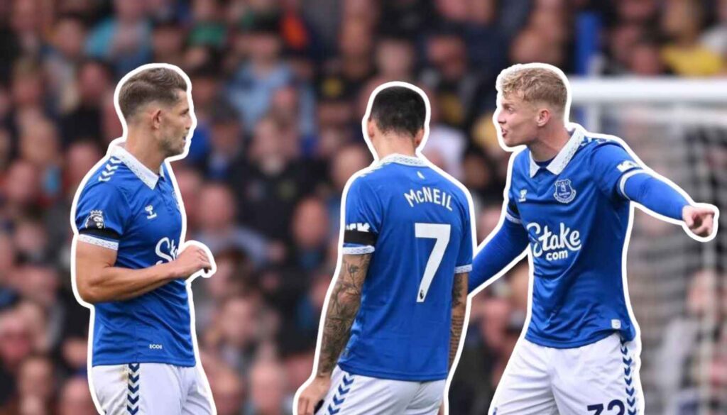 Tarkowski, McNeil and Branthwaite playing for Everton.