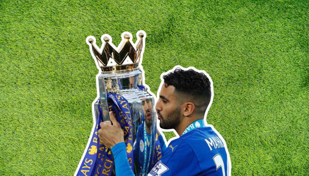 Riyad Mahrez lifting the Premier League for Leicester City