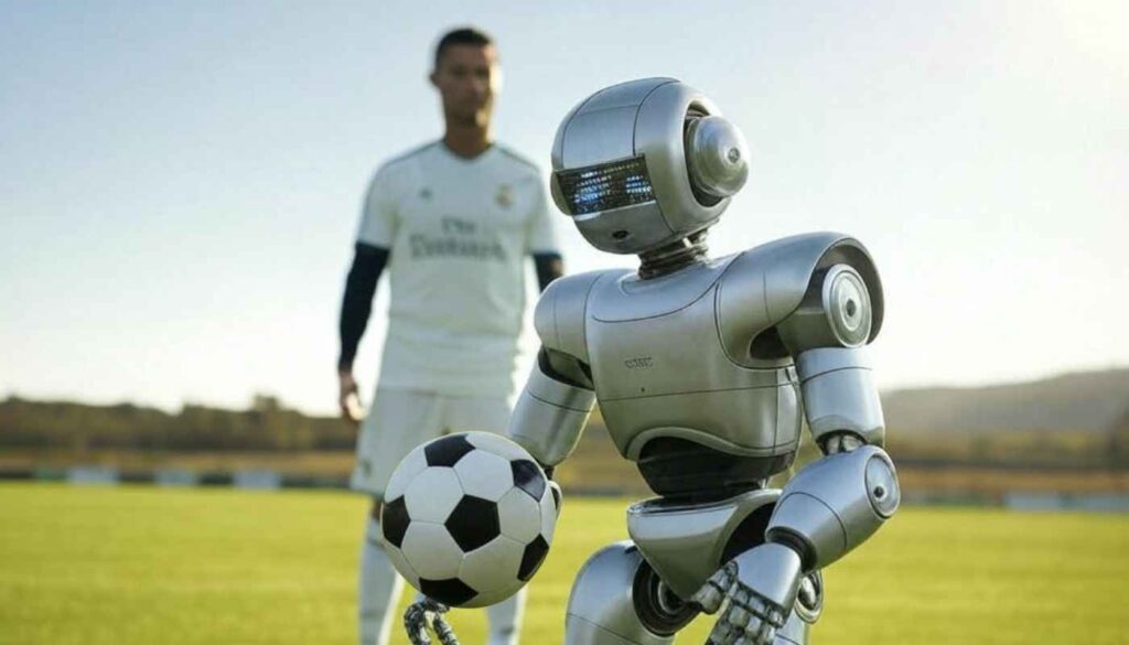 AI powered robot playing football with Ronaldo in the background