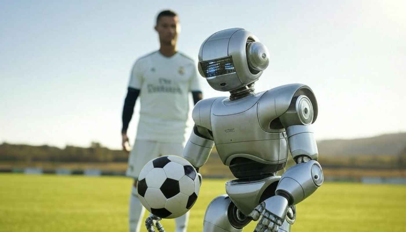 AI powered robot playing football with Ronaldo in the background
