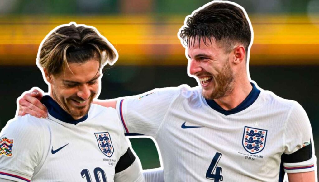 Declan Rice and Jack Grealish laughing.