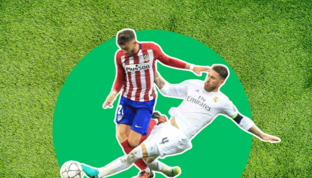 Sergio Ramos making a slide tackle in the Champions League.